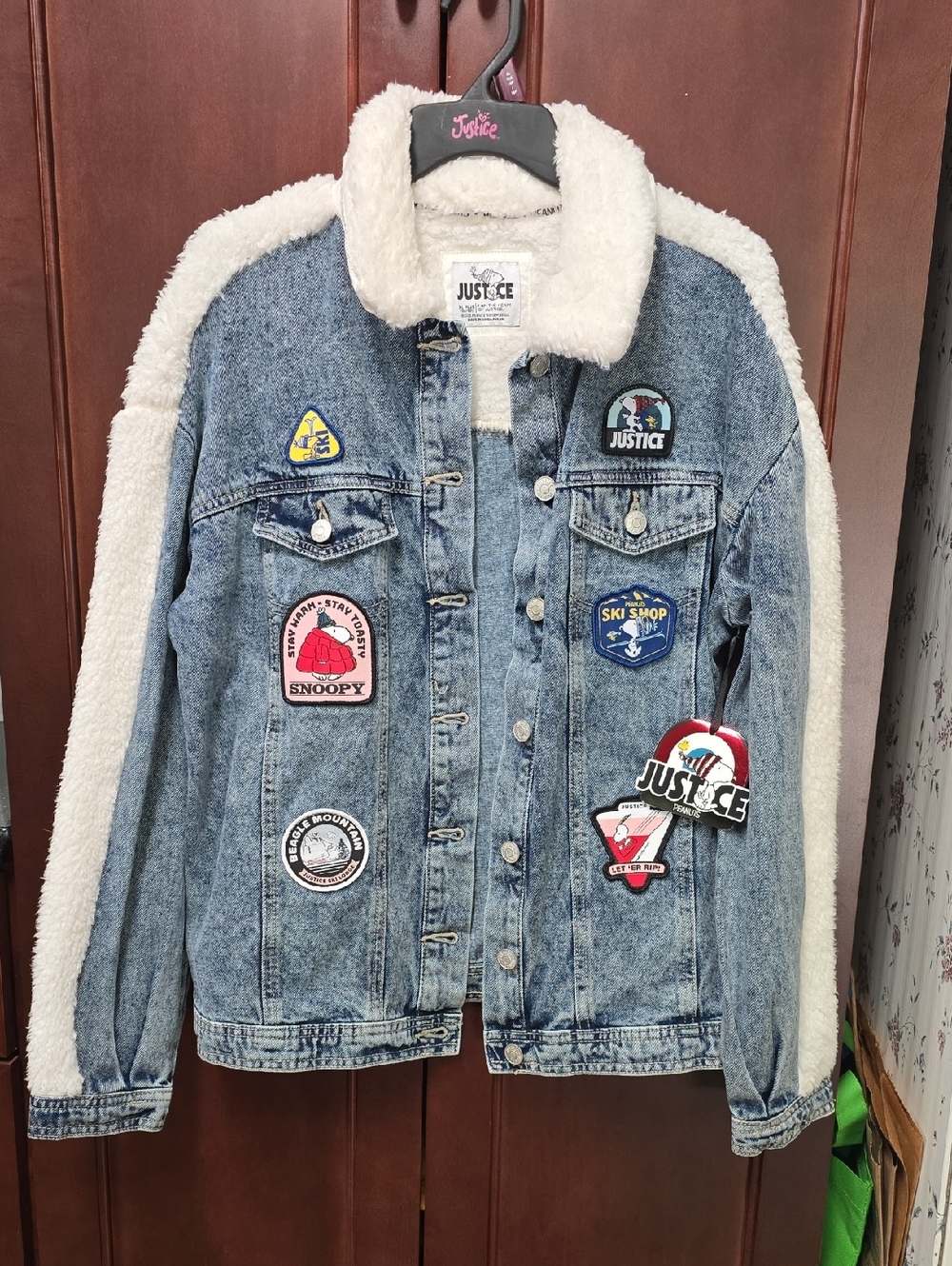 NWT. Justice Patch-Accented Denim Jacket with Cream Sherpa Trim Girl's 16P/18P